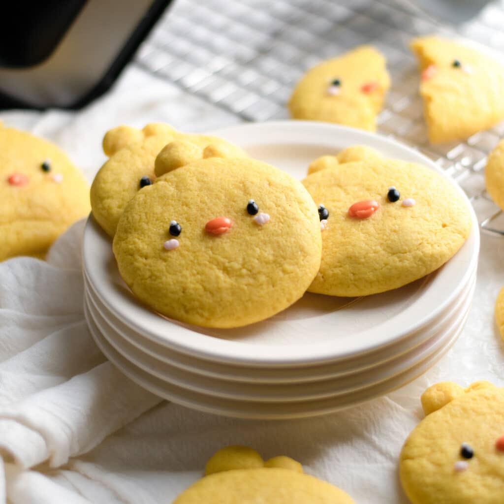 lemon chick cookies on stacked plates