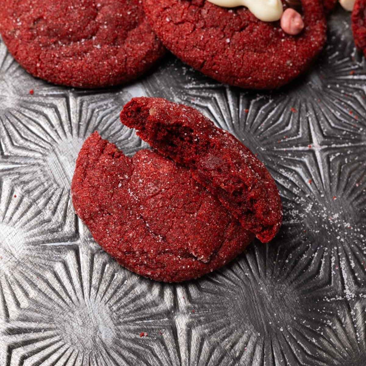 Cross section of red velvet sugar cookie.