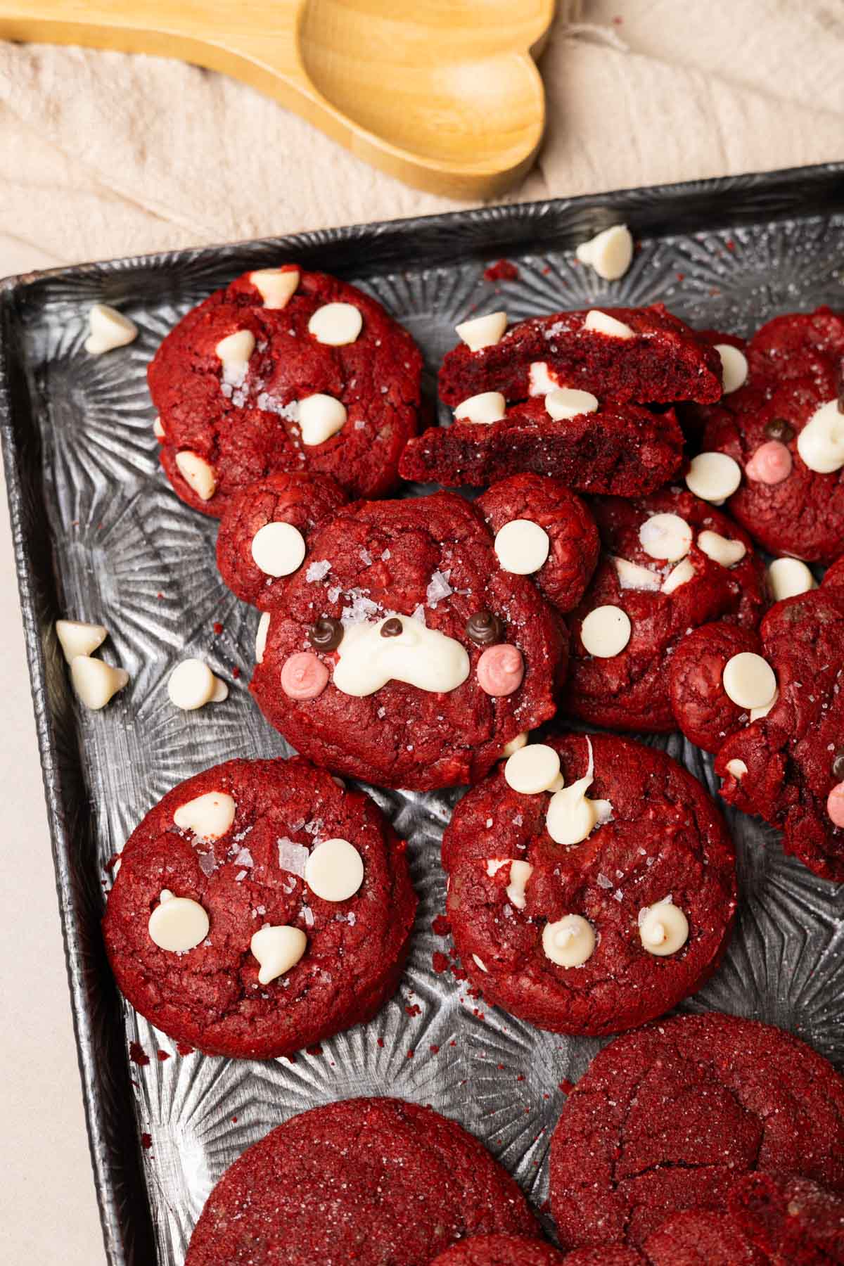 Red velvet cookies with white chocolate chips and flaky sea salt.