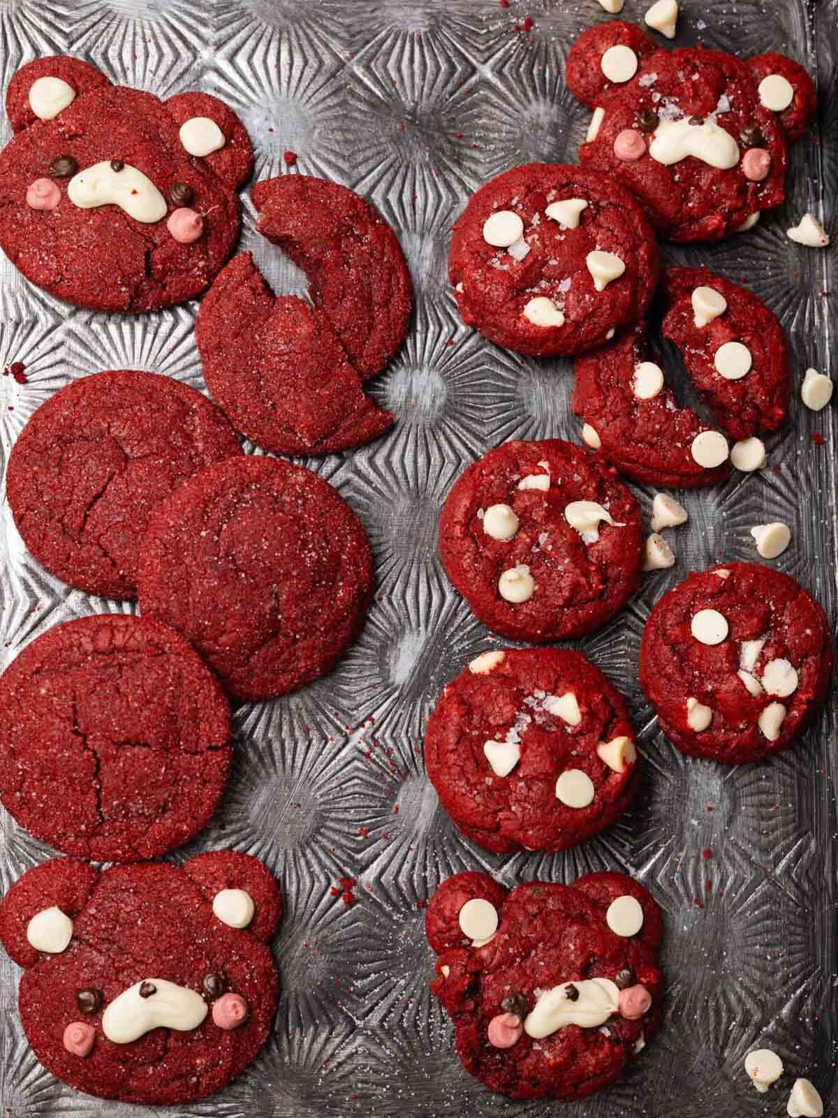 Side by side comparison of red velvet sugar cookies and red velvet white chocolate chip cookies made from boxed cake mix. 