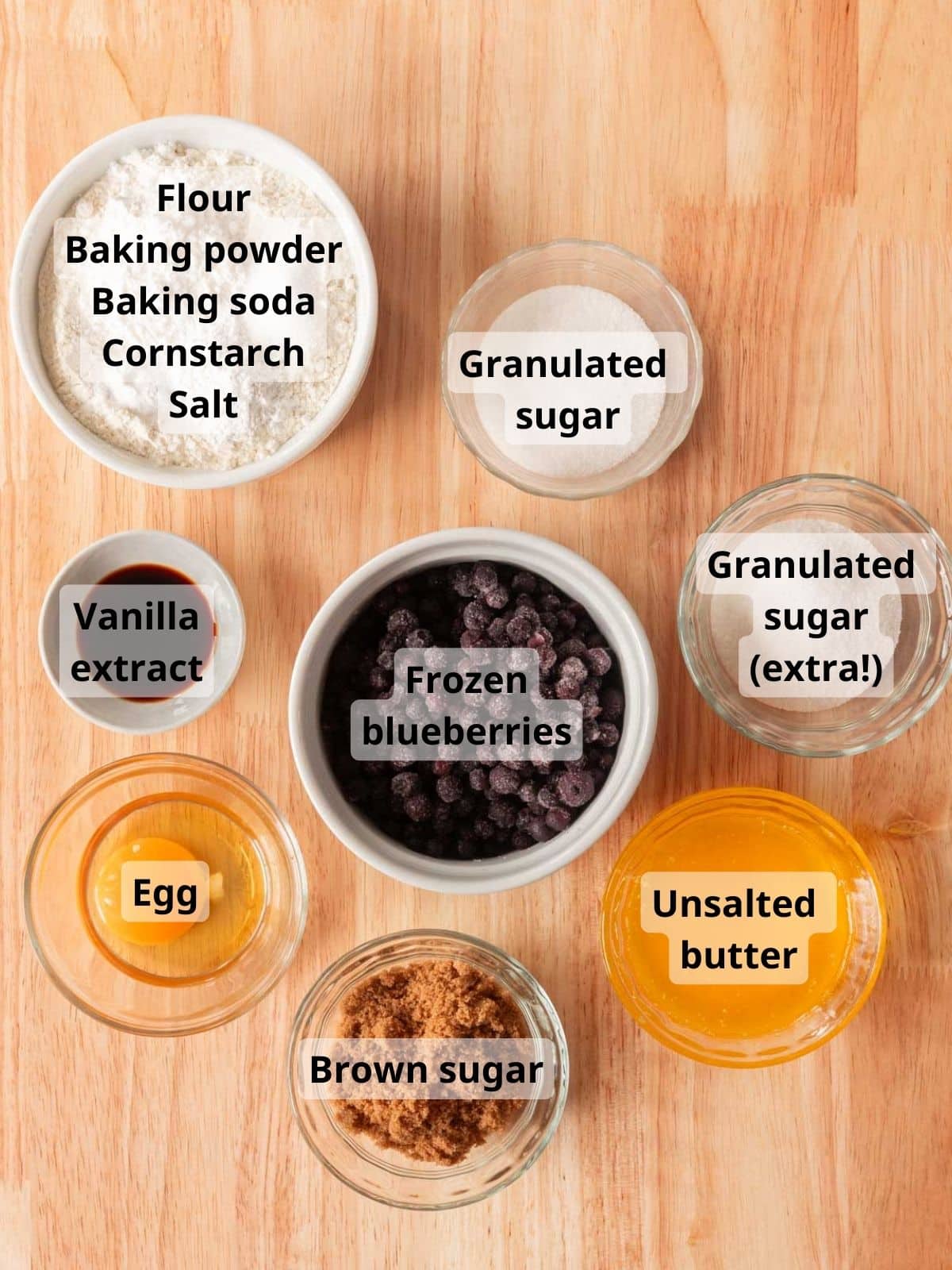 Blueberry sugar cookie ingredients laid out on table.