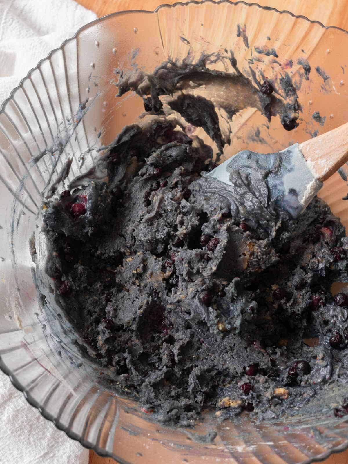 Blueberry cookie dough batter in bowl ready to be scooped.