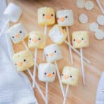 Adorable spring marshmallow pops on a stick decorated as ducks and chicks, all on a wooden backdrop.