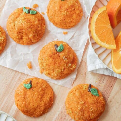 Cute orange cookies decorated as oranges.