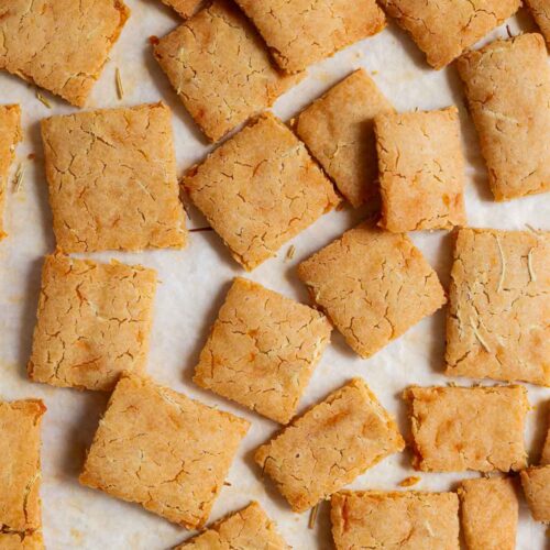 Baked cheesy sourdough crackers.