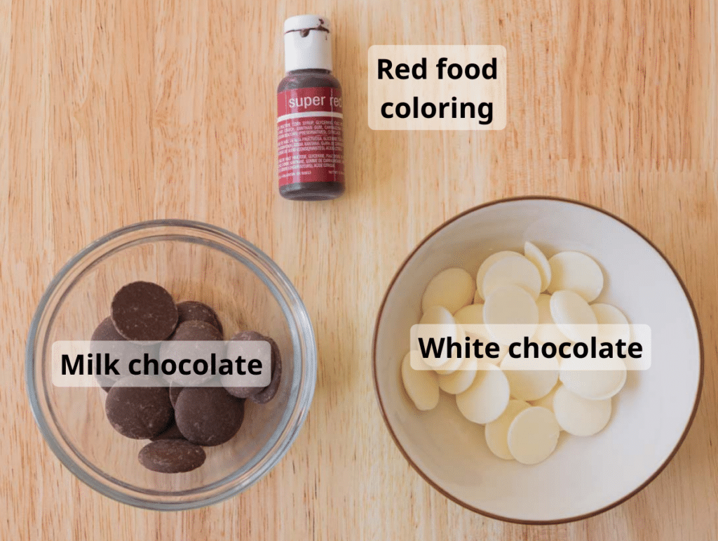 Milk and white chocolate wafers and red food coloring.