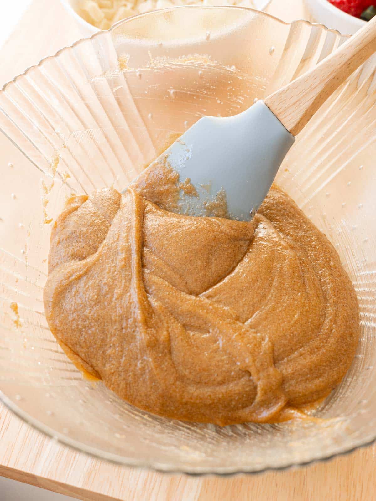 Silky cookie dough batter before adding dry ingredients and mix-ins.