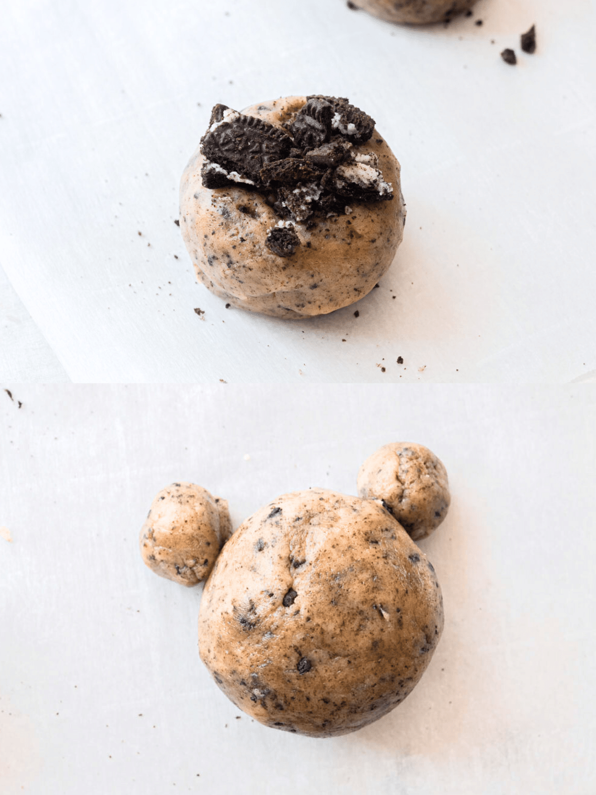 Top photo is a Oreo cookie dough ball topped with crushed Oreos; bottom photo is an Oreo cookie dough shaped into a bear without any crushed Oreos on top.