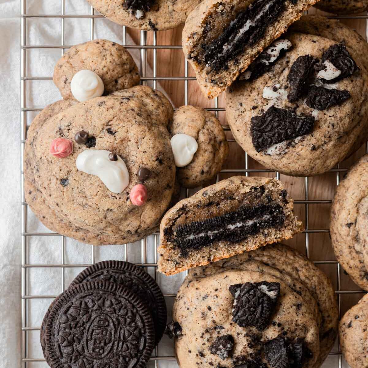 Cute stuffed Oreo cookies on a wire rack.