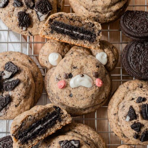 Cute stuffed Oreo cookies on a wire rack.