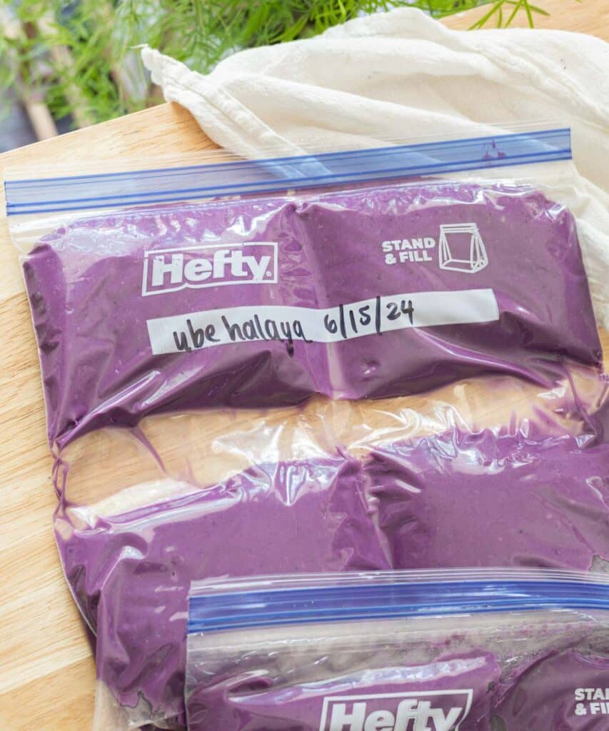 Ube jam stored in a large freezer bag.