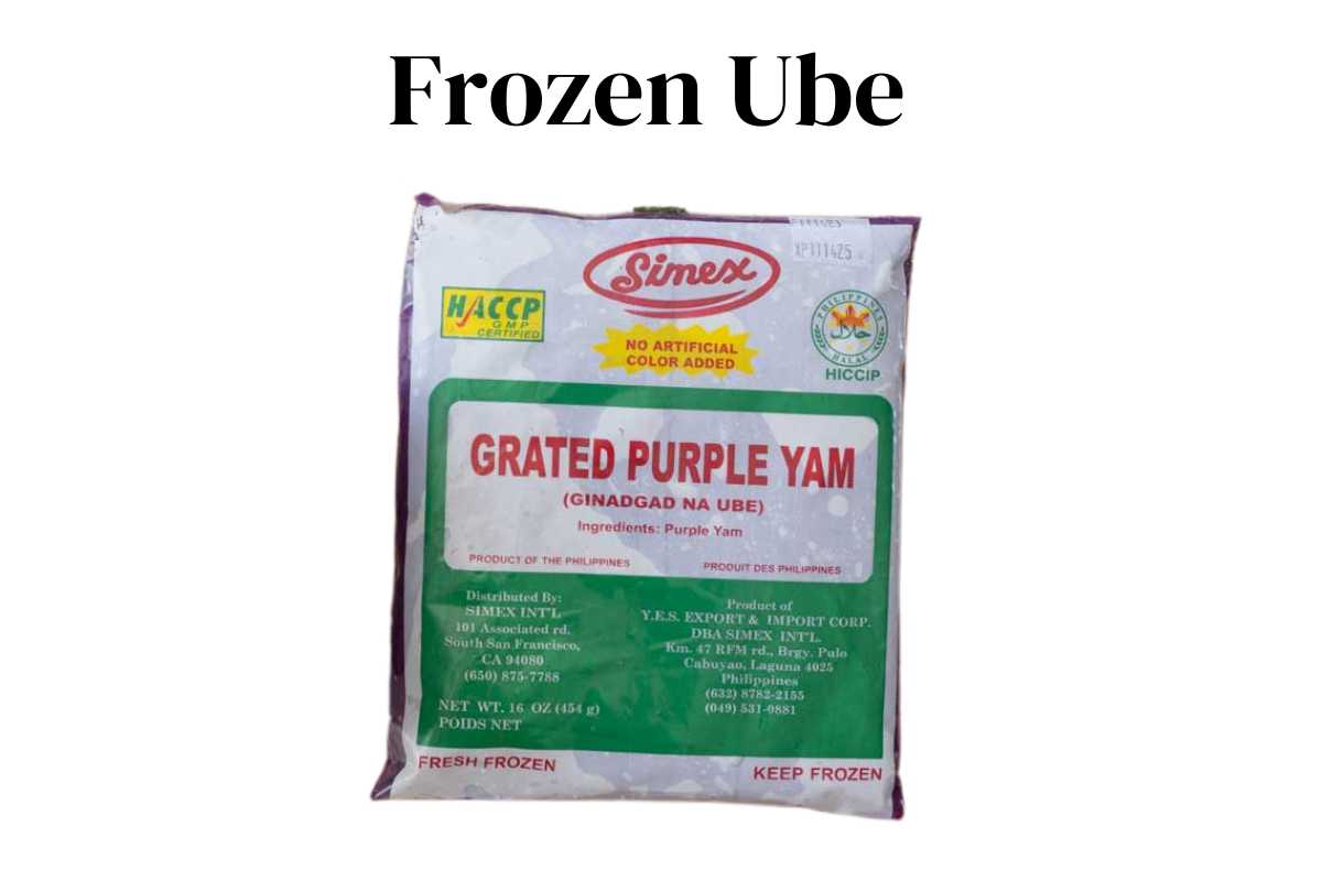 Package of frozen grated purple yam with a white background.