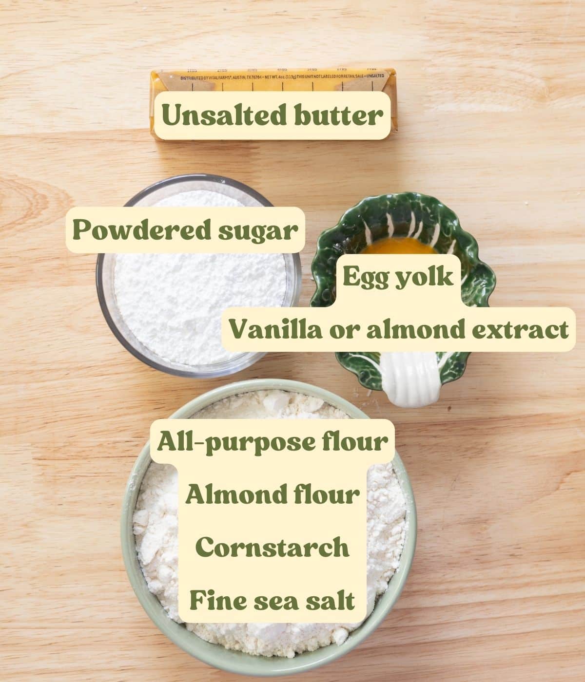Linzer cookie labeled ingredients on a wooden table.