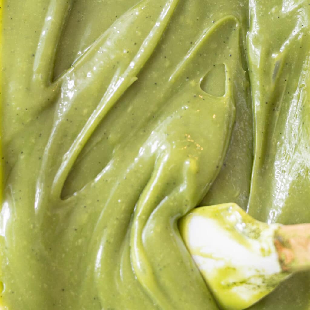 Close-up view of creamy matcha ganache.