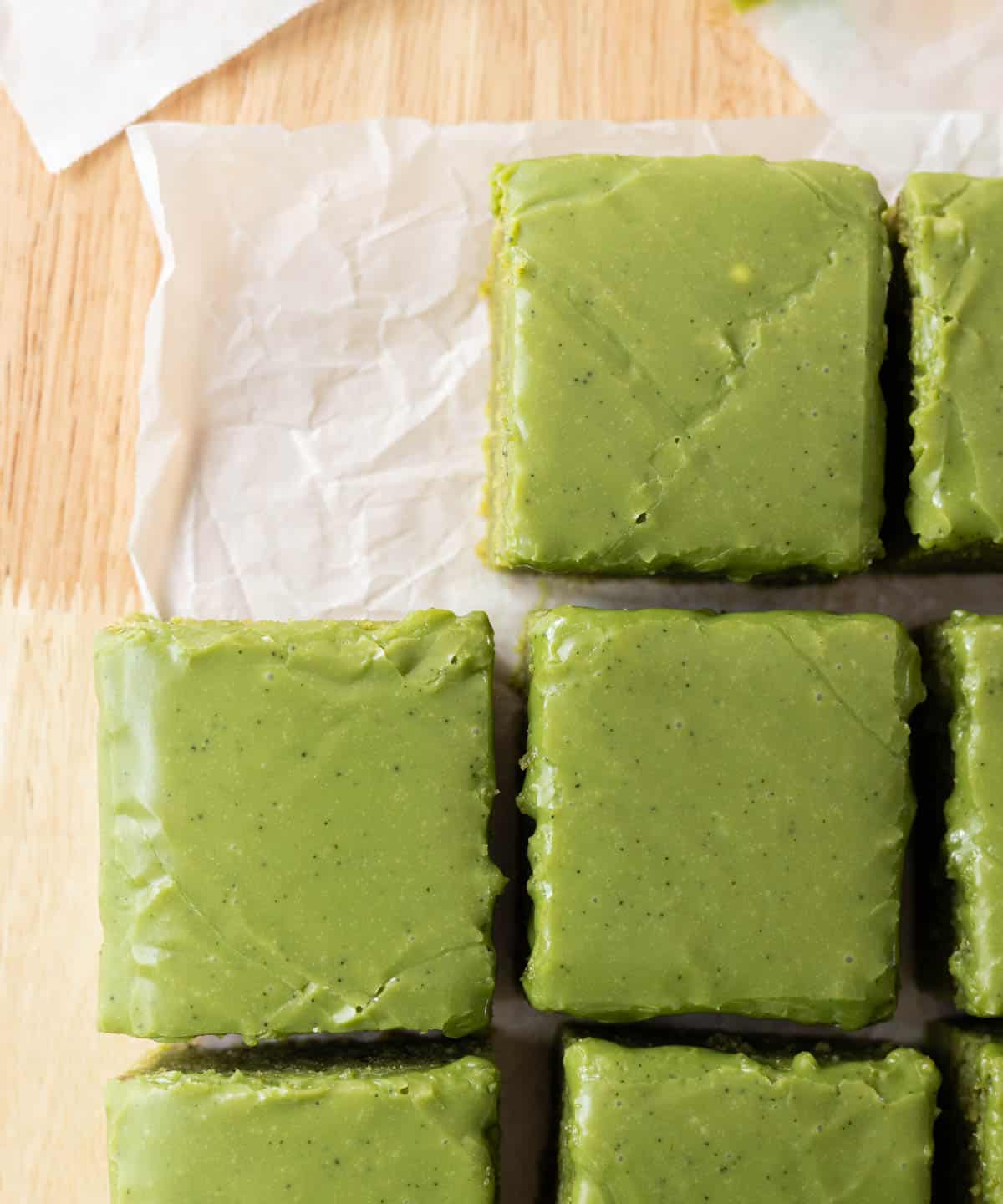 Matcha ganache on top of matcha mochi brownies; clicking on this image will open up to the recipe post.