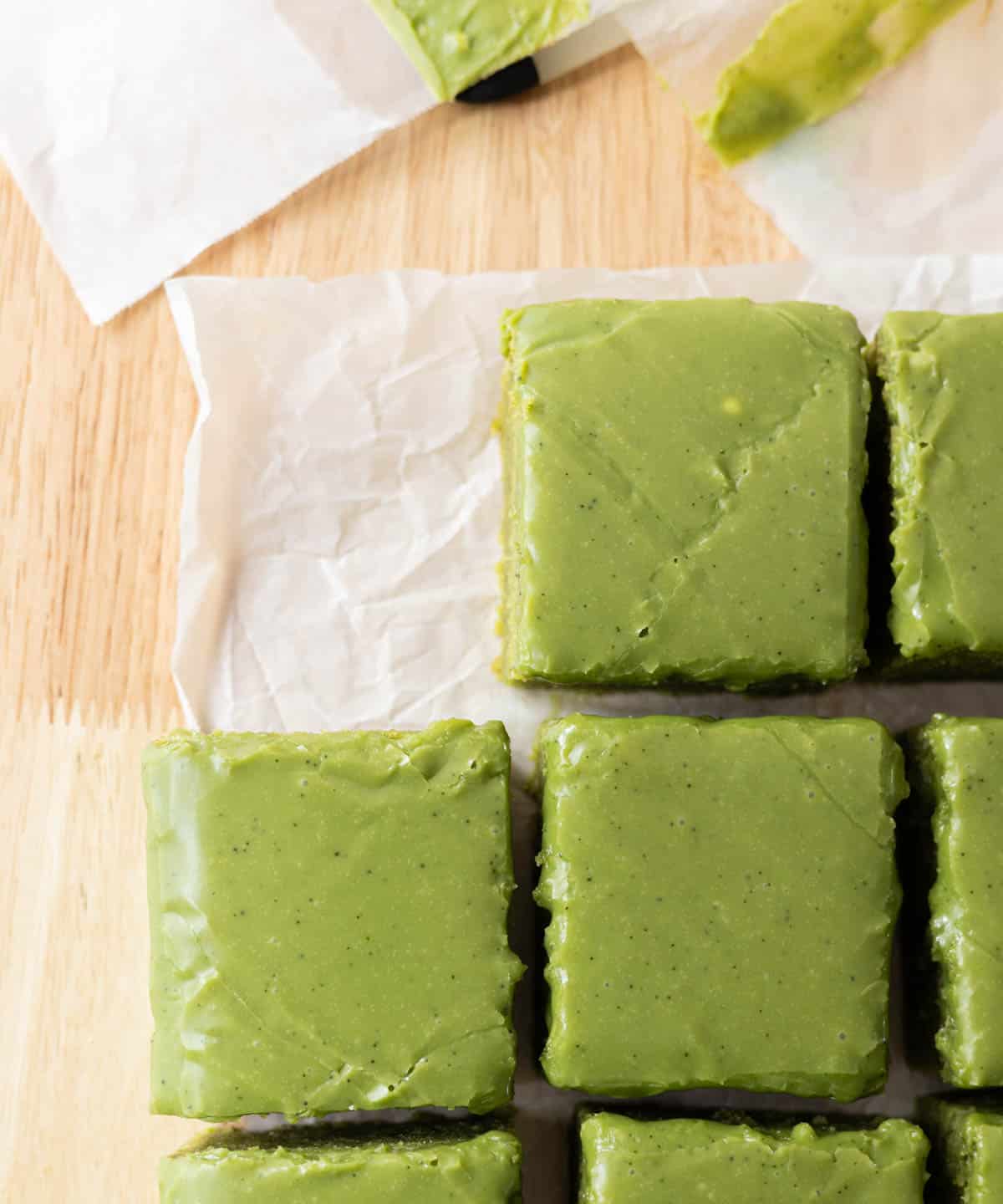 Birds eye view of matcha ganache on top of matcha mochi brownies.