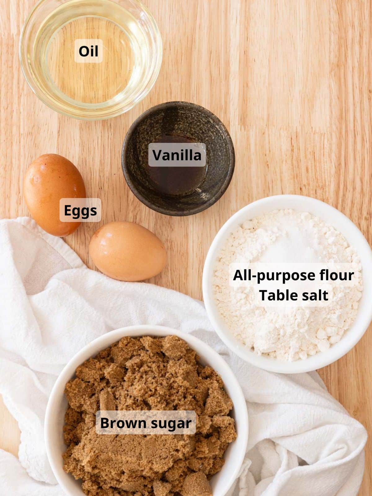 Labeled blondie ingredients laid out on a table.