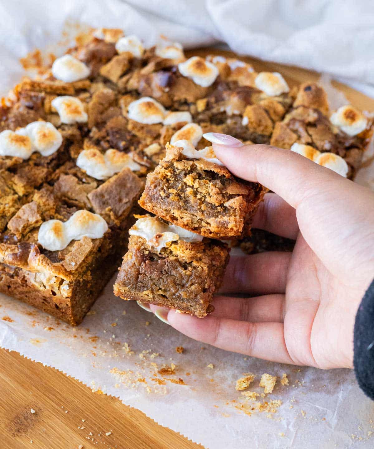 Holding two s'mores blondie bars in hand.