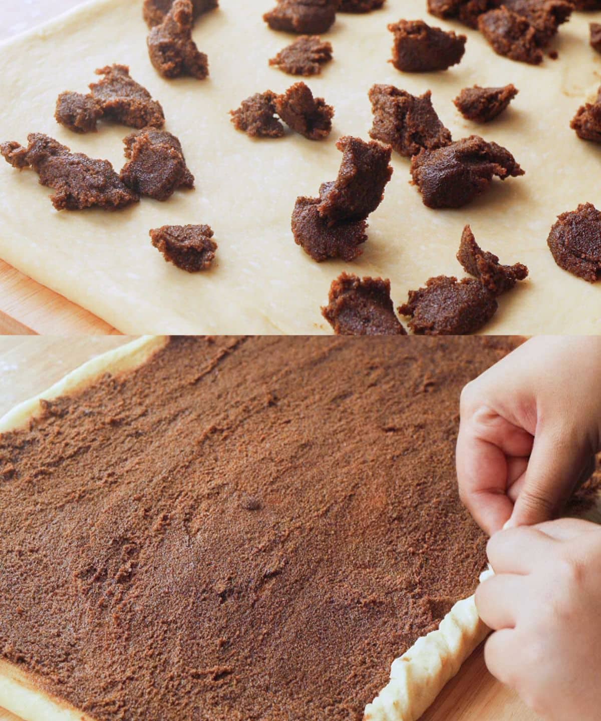 Brown sugar cinnamon filling on dough.