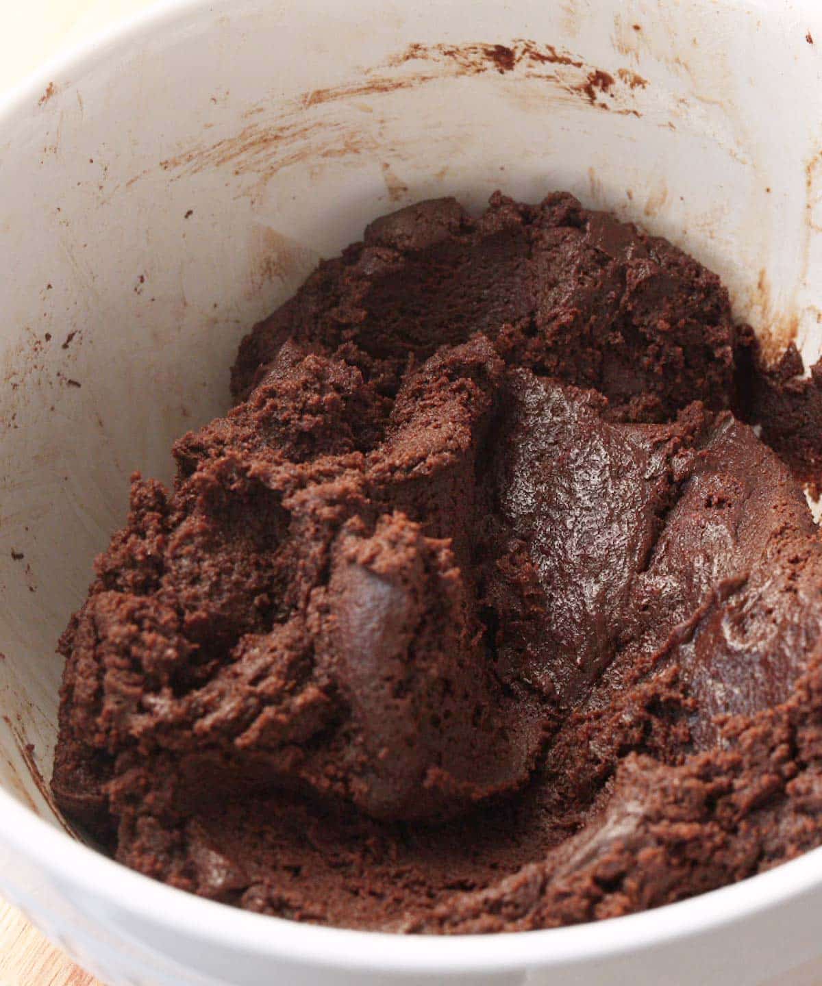 Chocolate sugar cookie dough ready to be scooped.