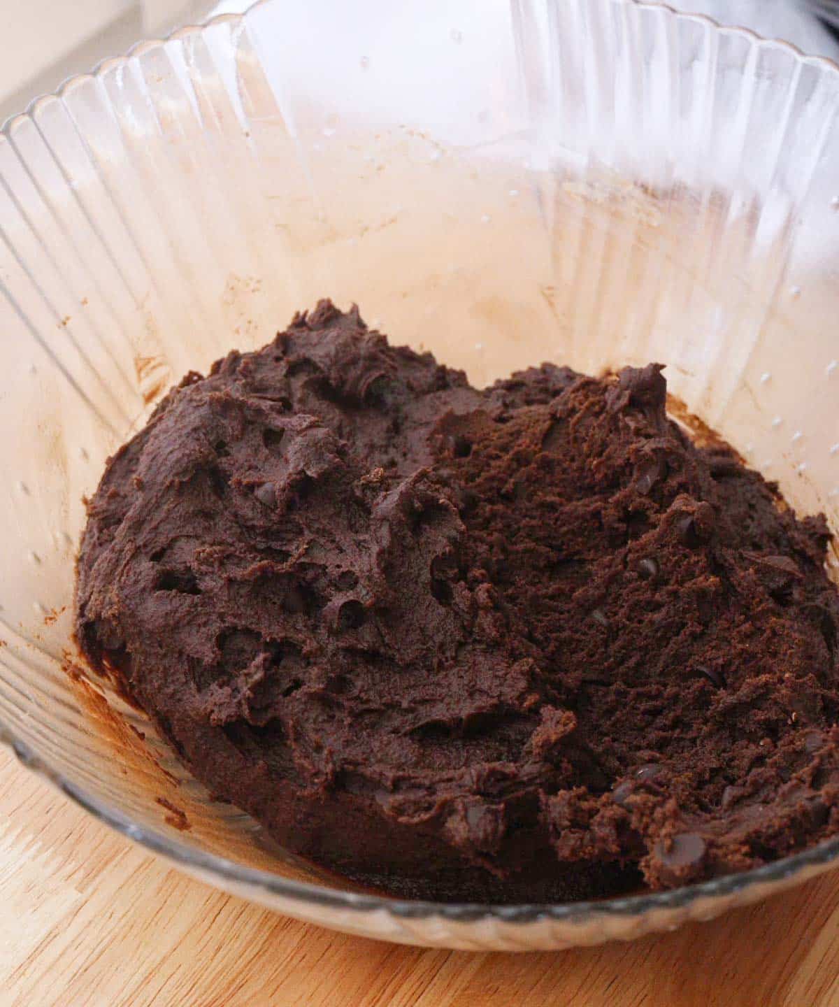 Double chocolate chip cookie dough ready to be scooped and baked.