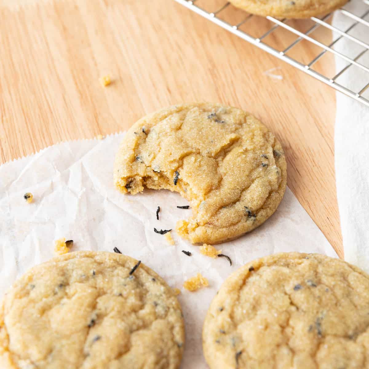 Soft earl grey sugar cookie with a bite taken out of it.