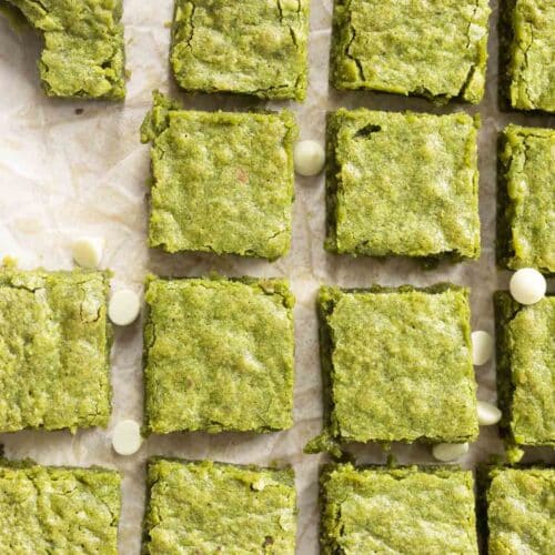 Matcha brownies on parchment paper.