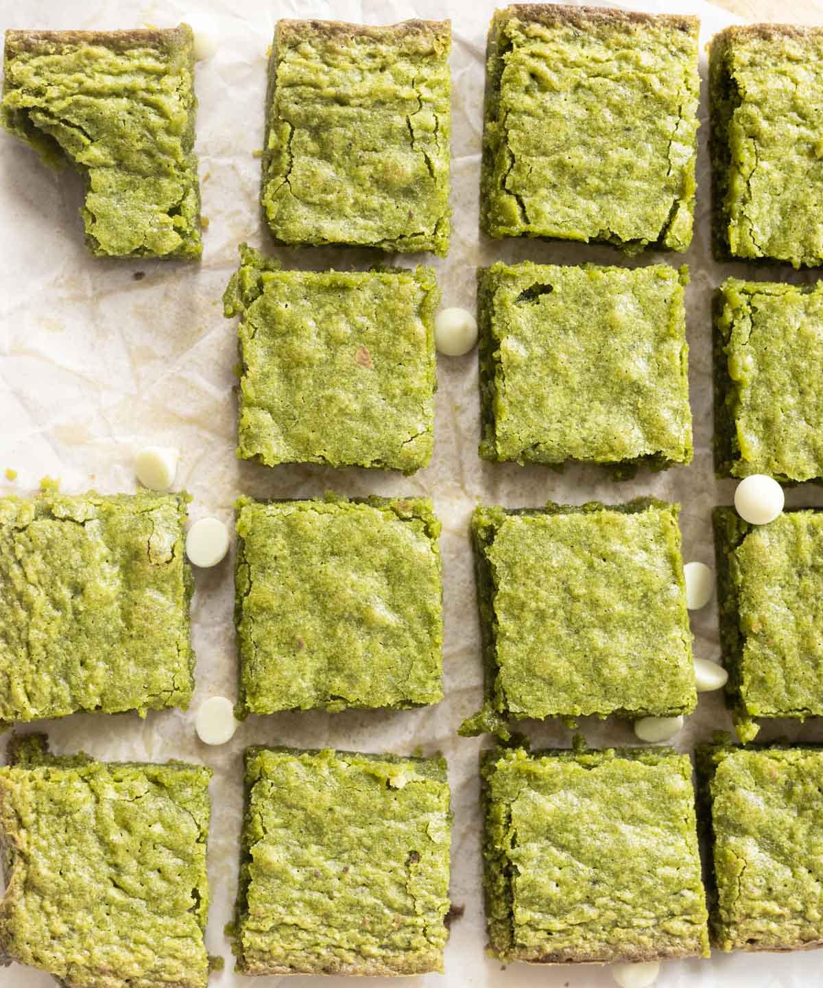 Matcha brownies on parchment paper.