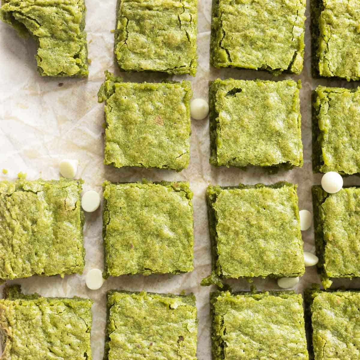 Matcha brownies on parchment paper.