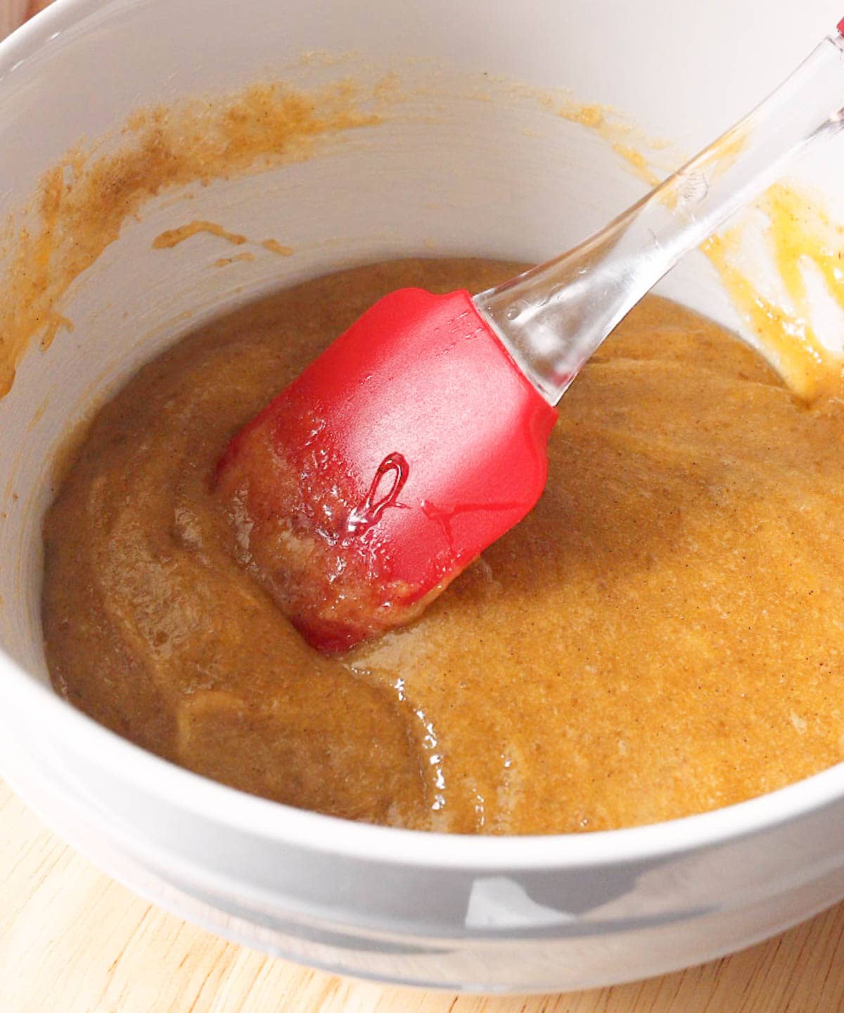 Smooth batter ready for dry ingredients.