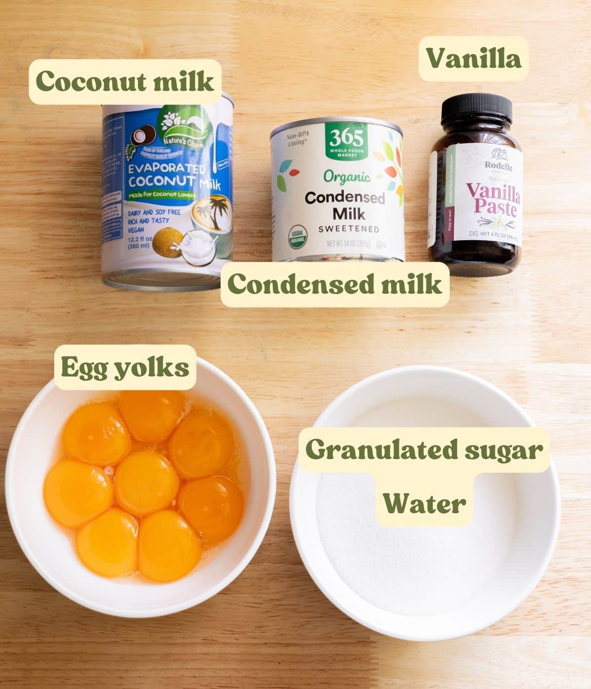 Coconut leche flan labeled ingredients on a wooden table.