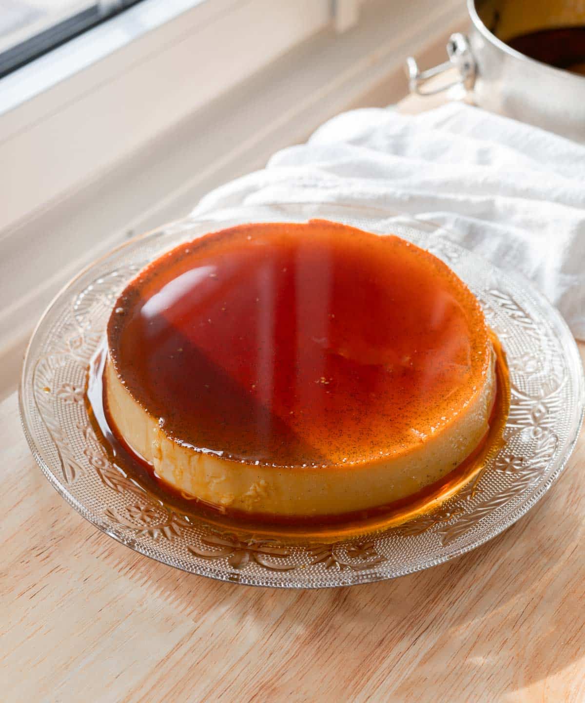 Silky leche flan with shiny caramel top.