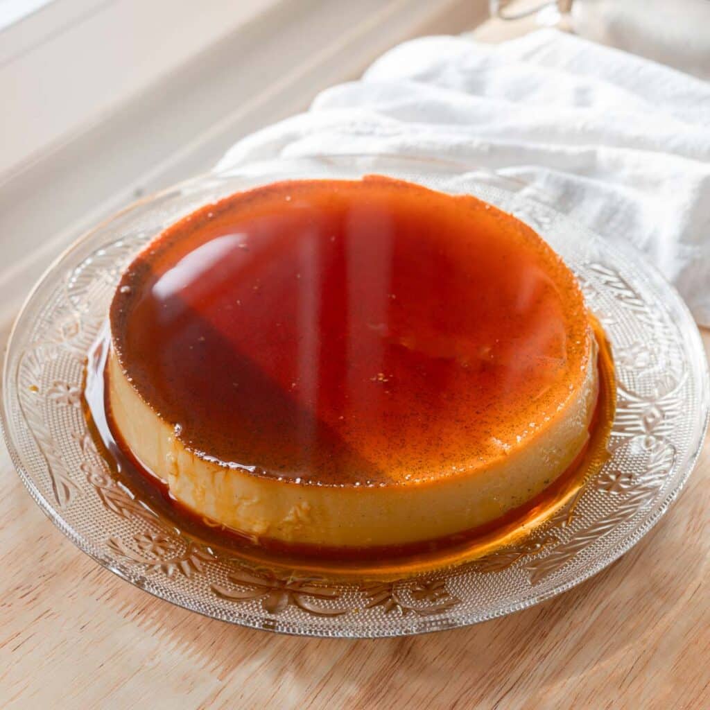 Silky leche flan with shiny caramel top.