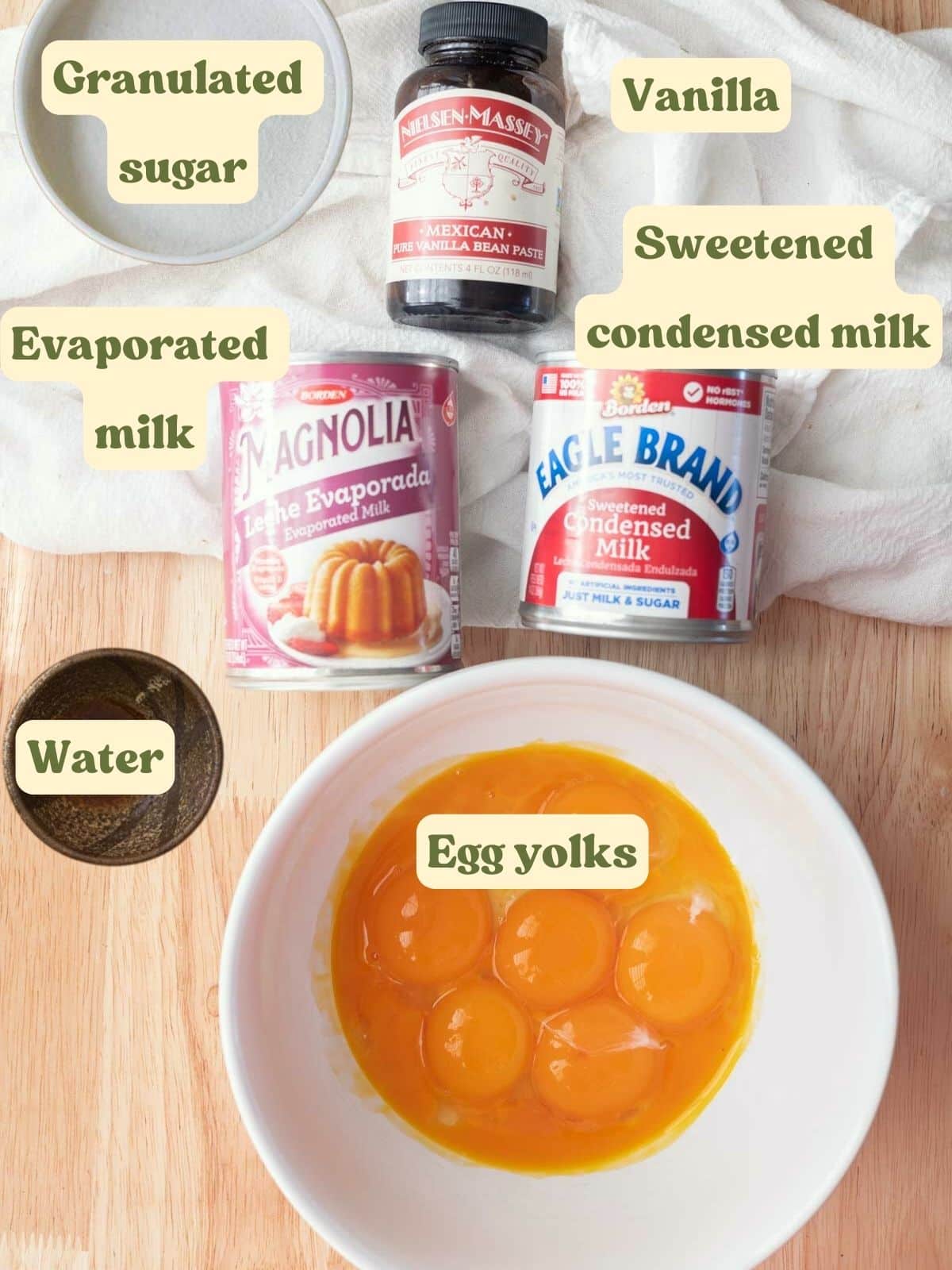 Leche flan labeled ingredients on a wooden table.