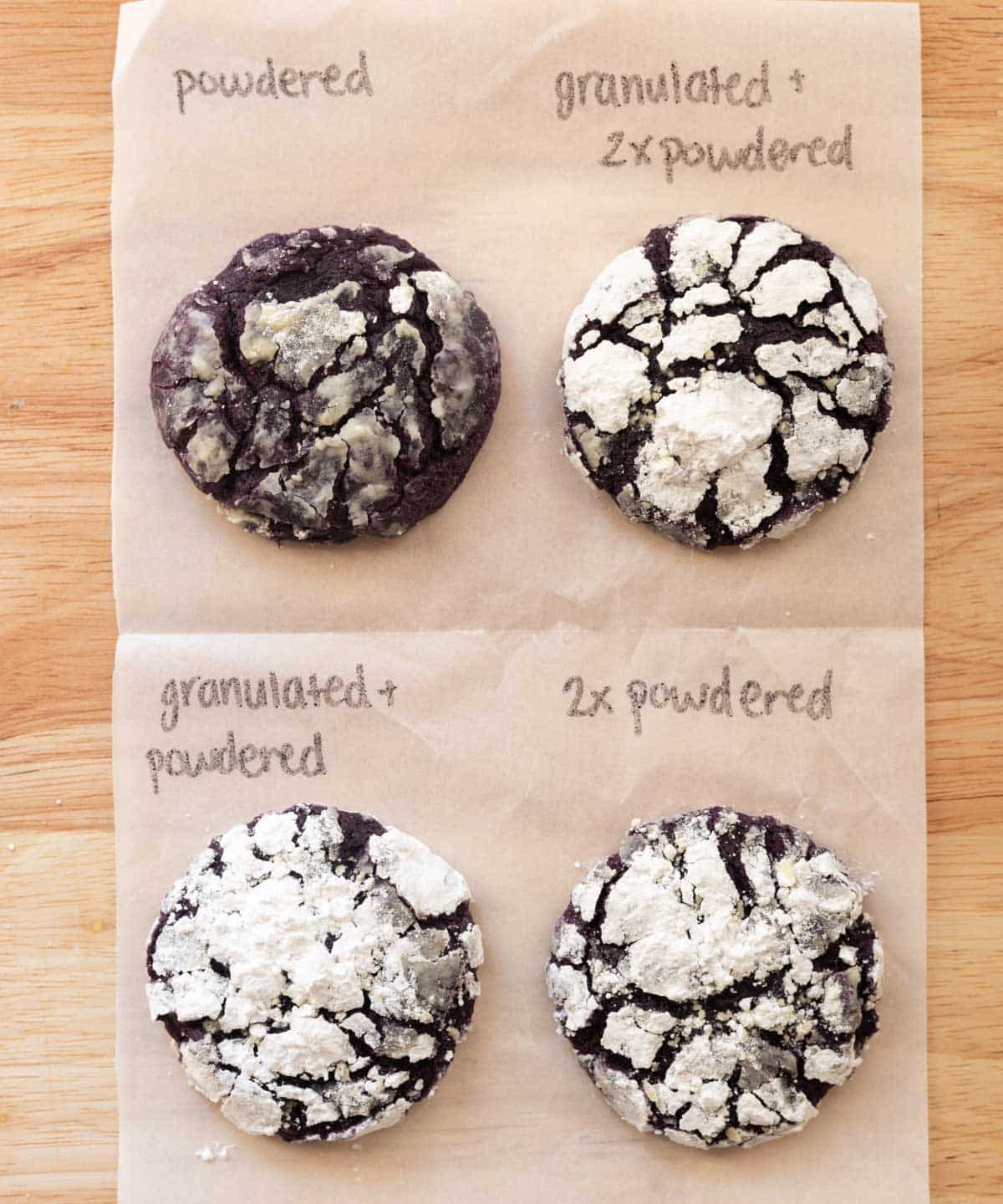 Crinkle cookie granulated vs powdered sugar coating comparison.