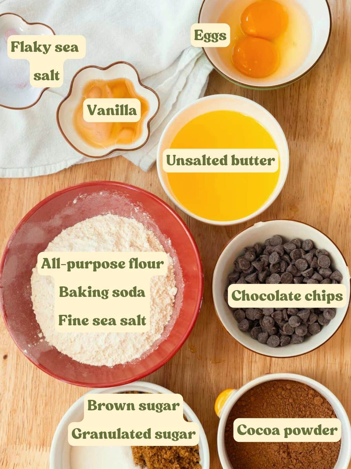 Double chocolate cookie labeled ingredients on a wooden table.