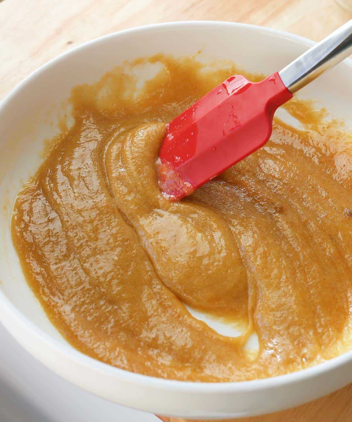 Smooth batter ready for dry ingredients.