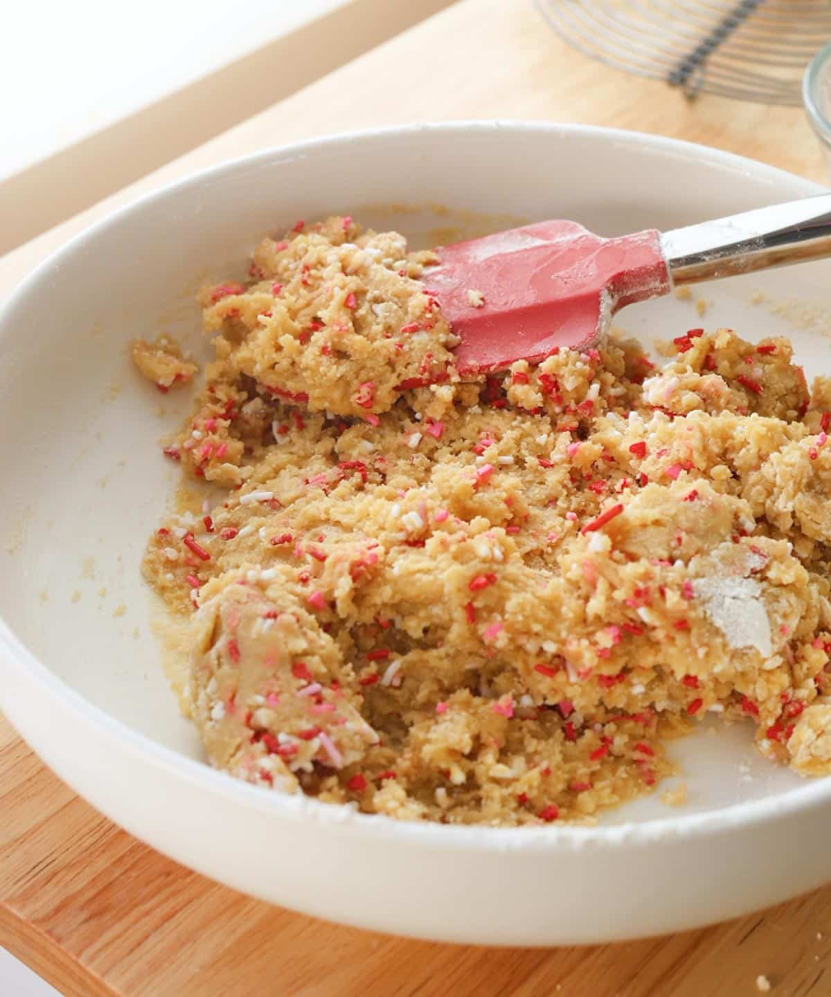 Valentine's sprinkle cookie dough ready to be scooped.