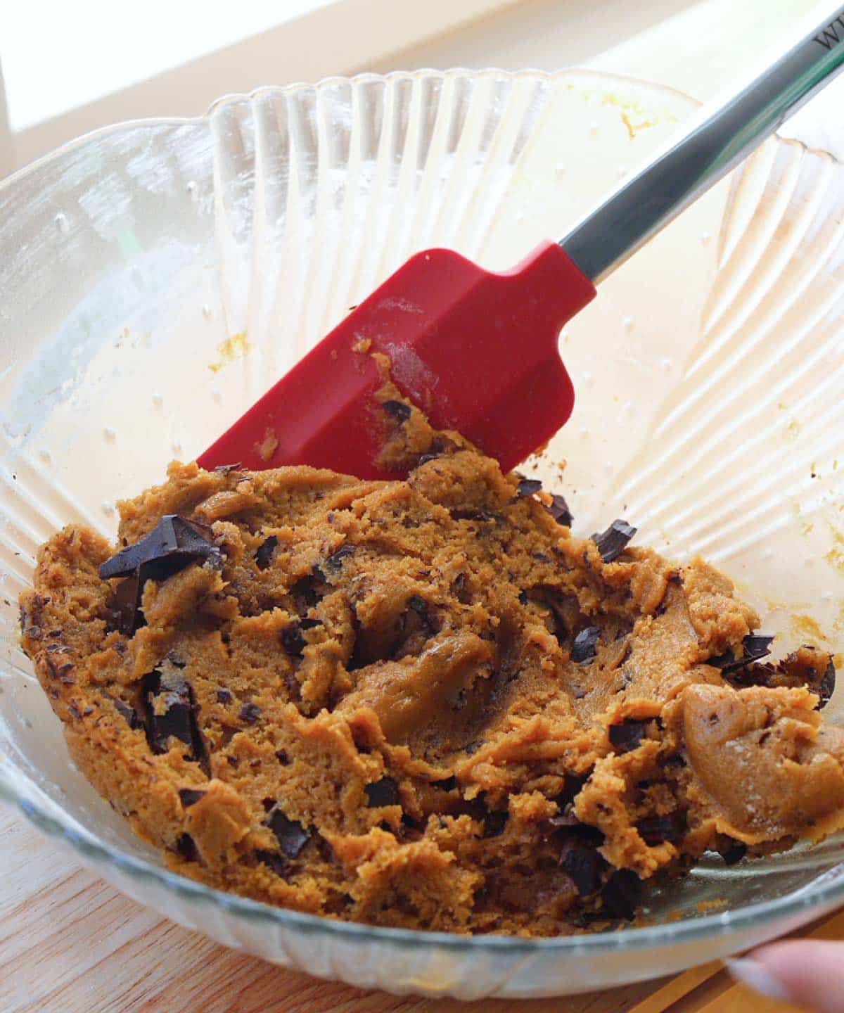 Peanut butter chocolate chip cookie dough ready to be scooped.