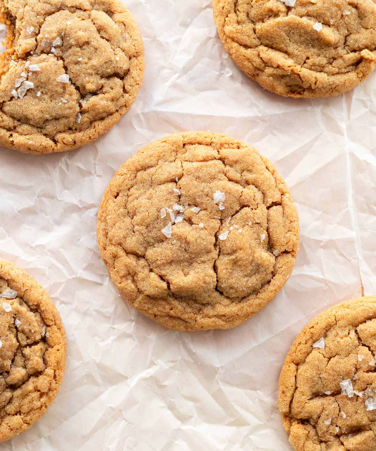 Crinkly peanut butter cookies on parchment paper.