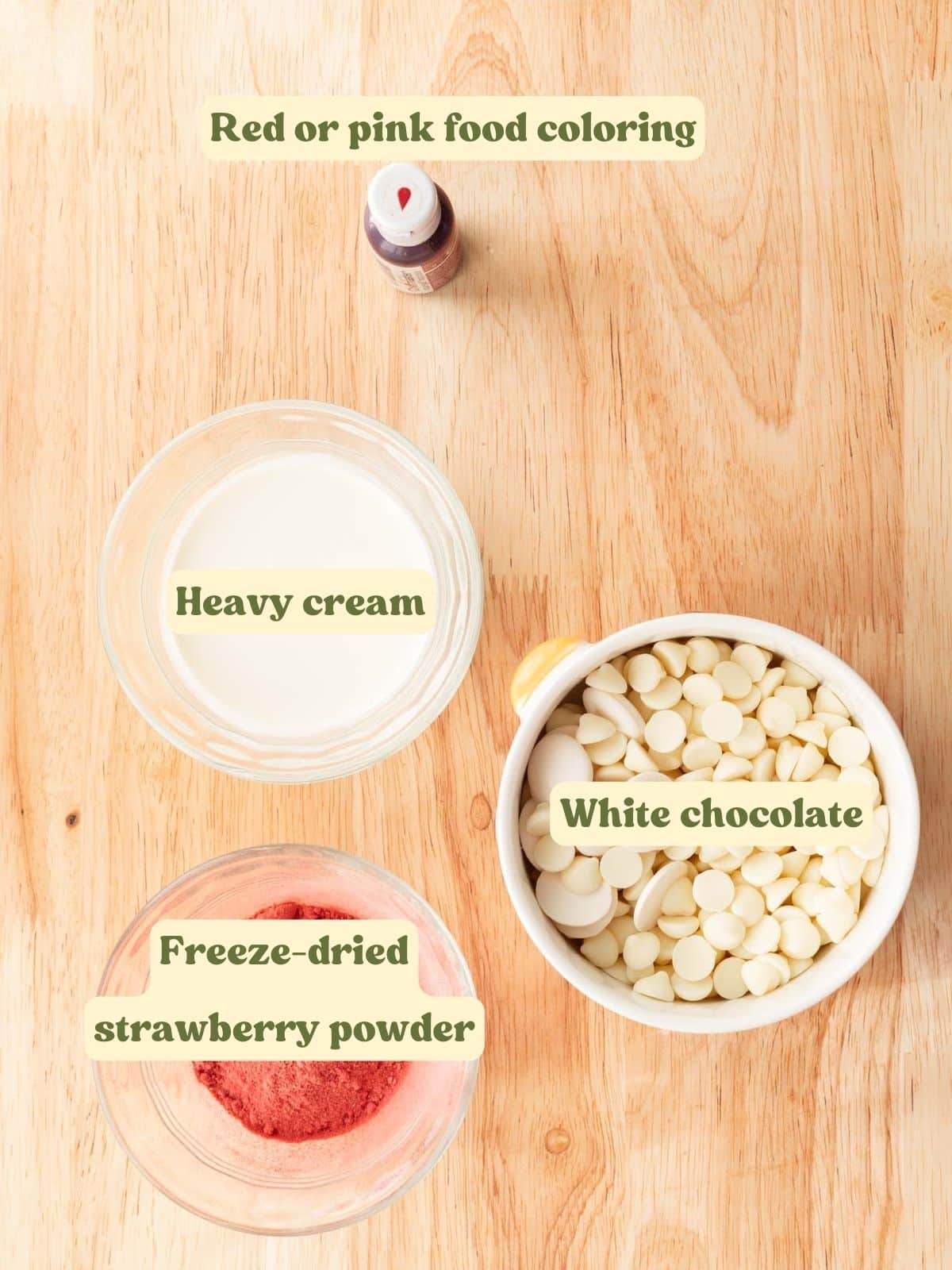 Digitally labeled strawberry ganache ingredients laid out on a wooden table.