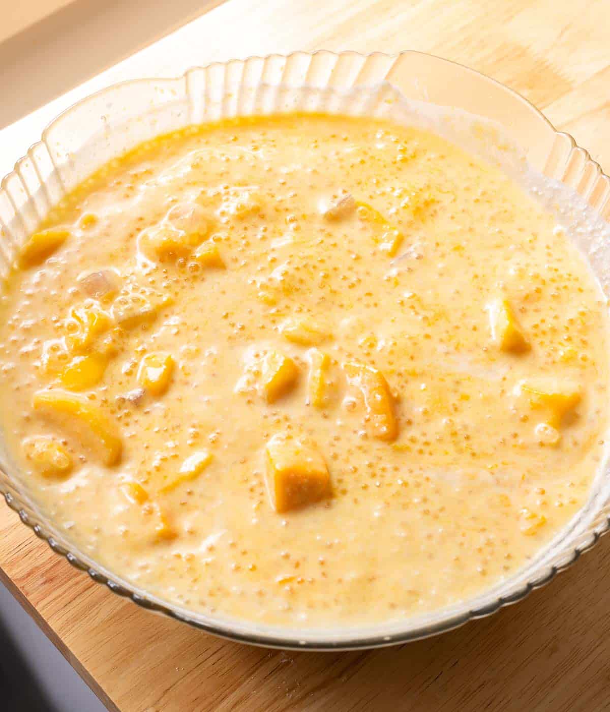 Mango bango in a glass serving bowl.