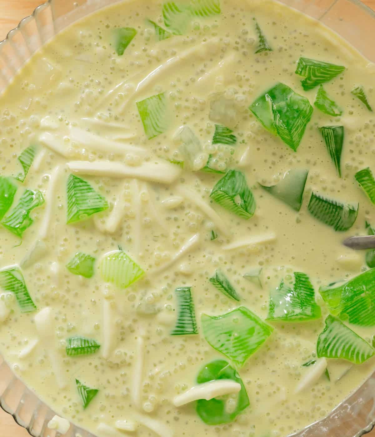 Buko pandan in a glass bowl.