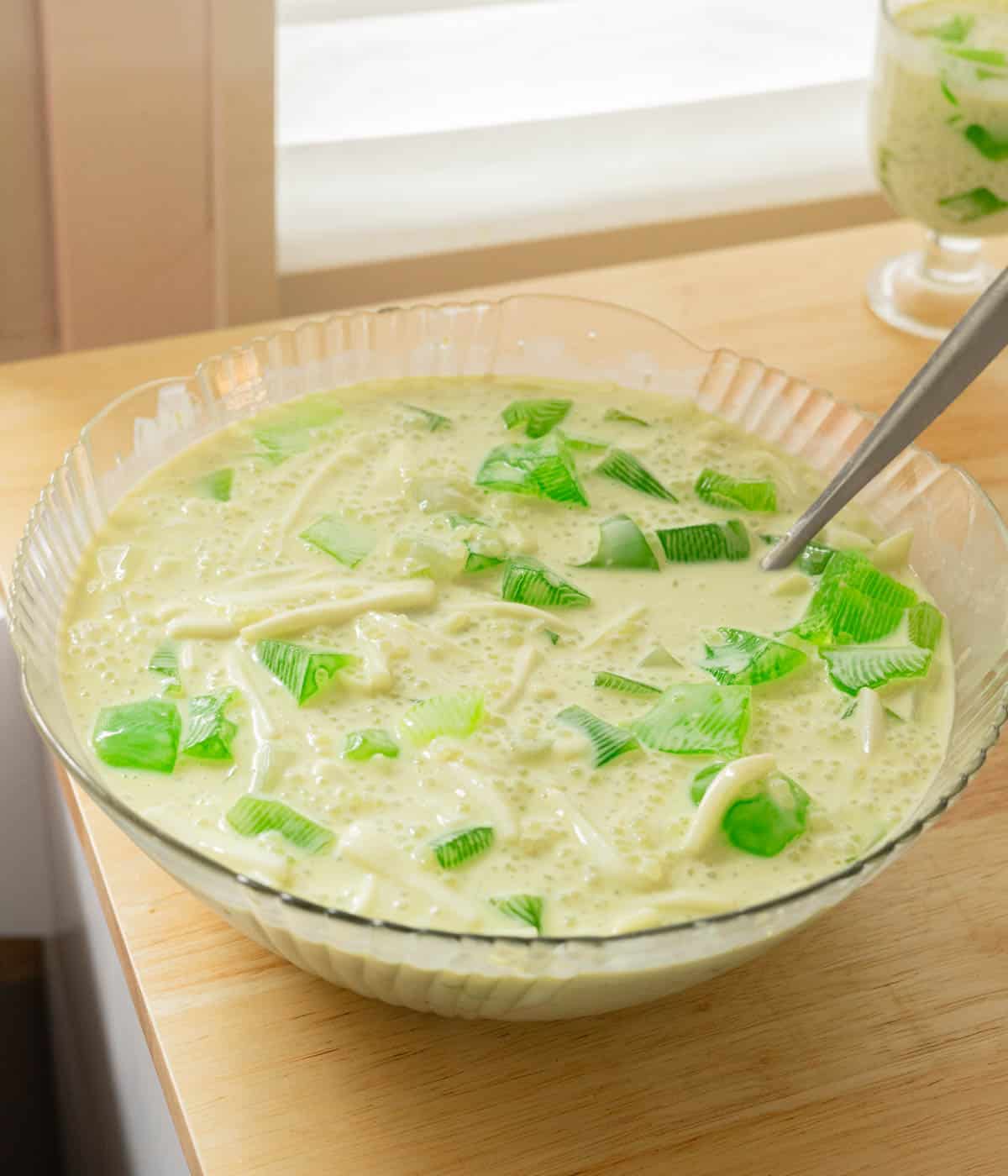 Delicious buko pandan in a glass bowl ready to be served.