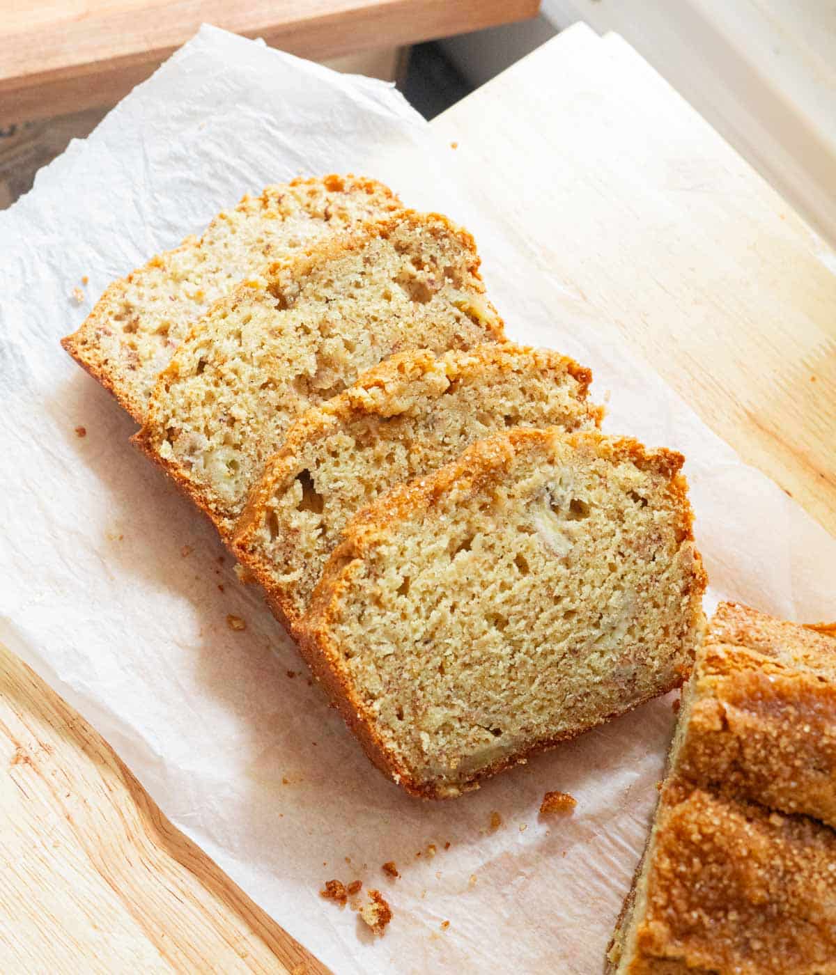 Banana bread slices on top of one another.