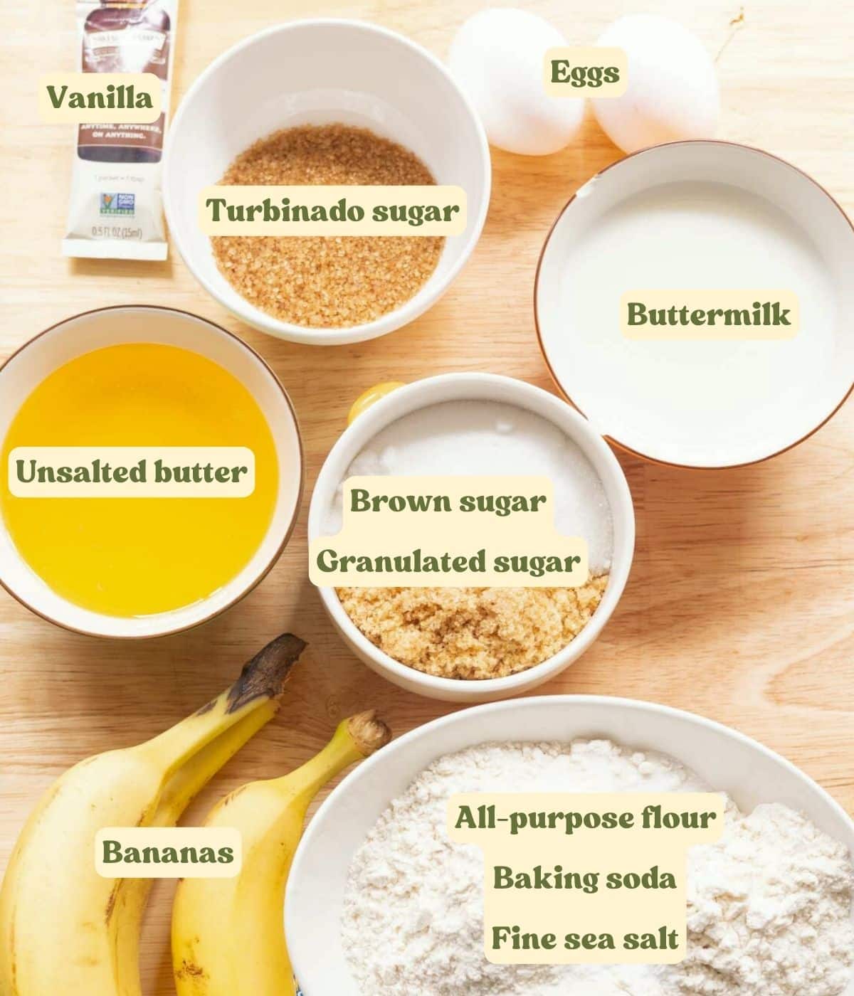 Basic banana bread ingredients on a wooden table.