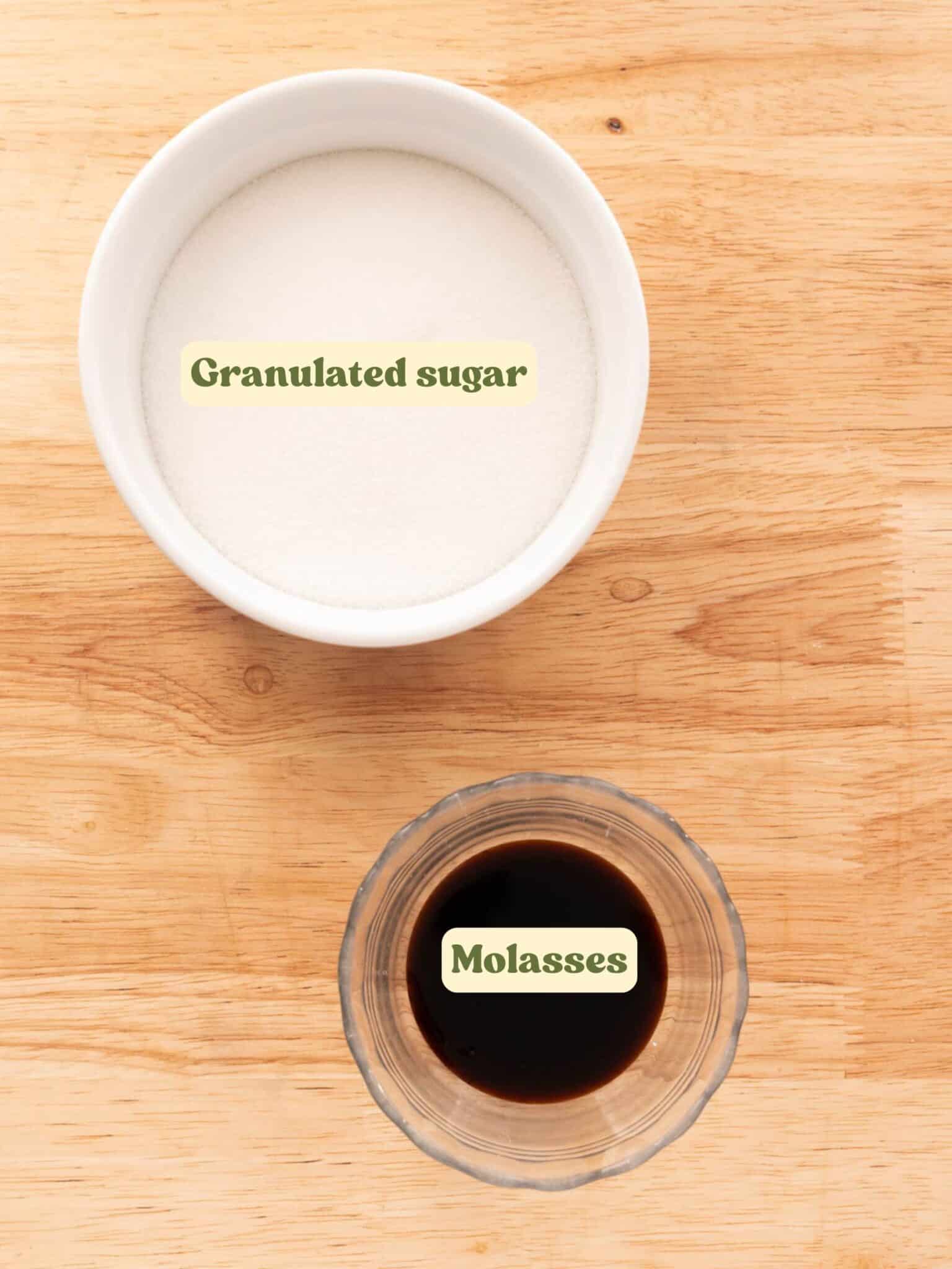 Brown sugar labeled ingredients on a wooden table.