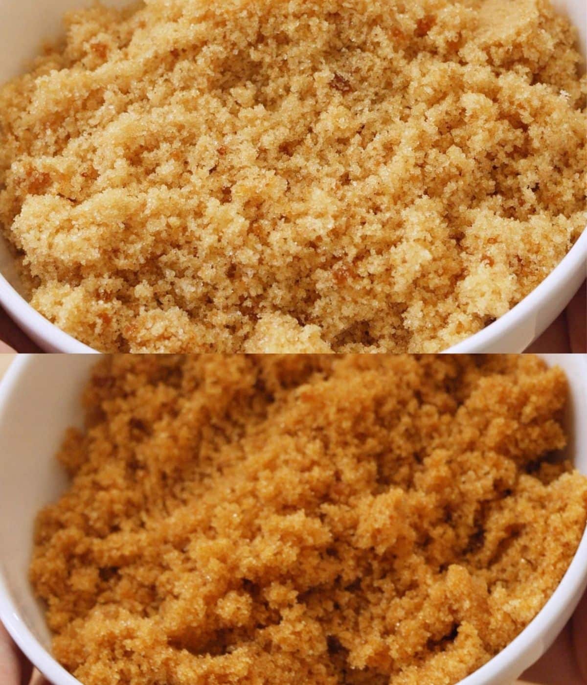 Light and dark brown sugars in their own bowls to show their color difference.