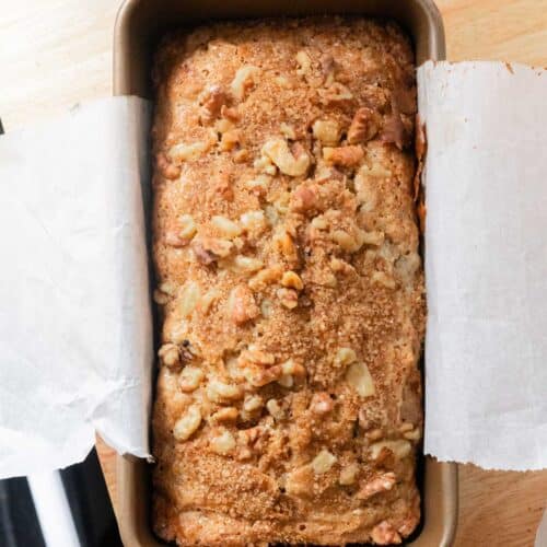 Walnut banana bread in loaf pan.