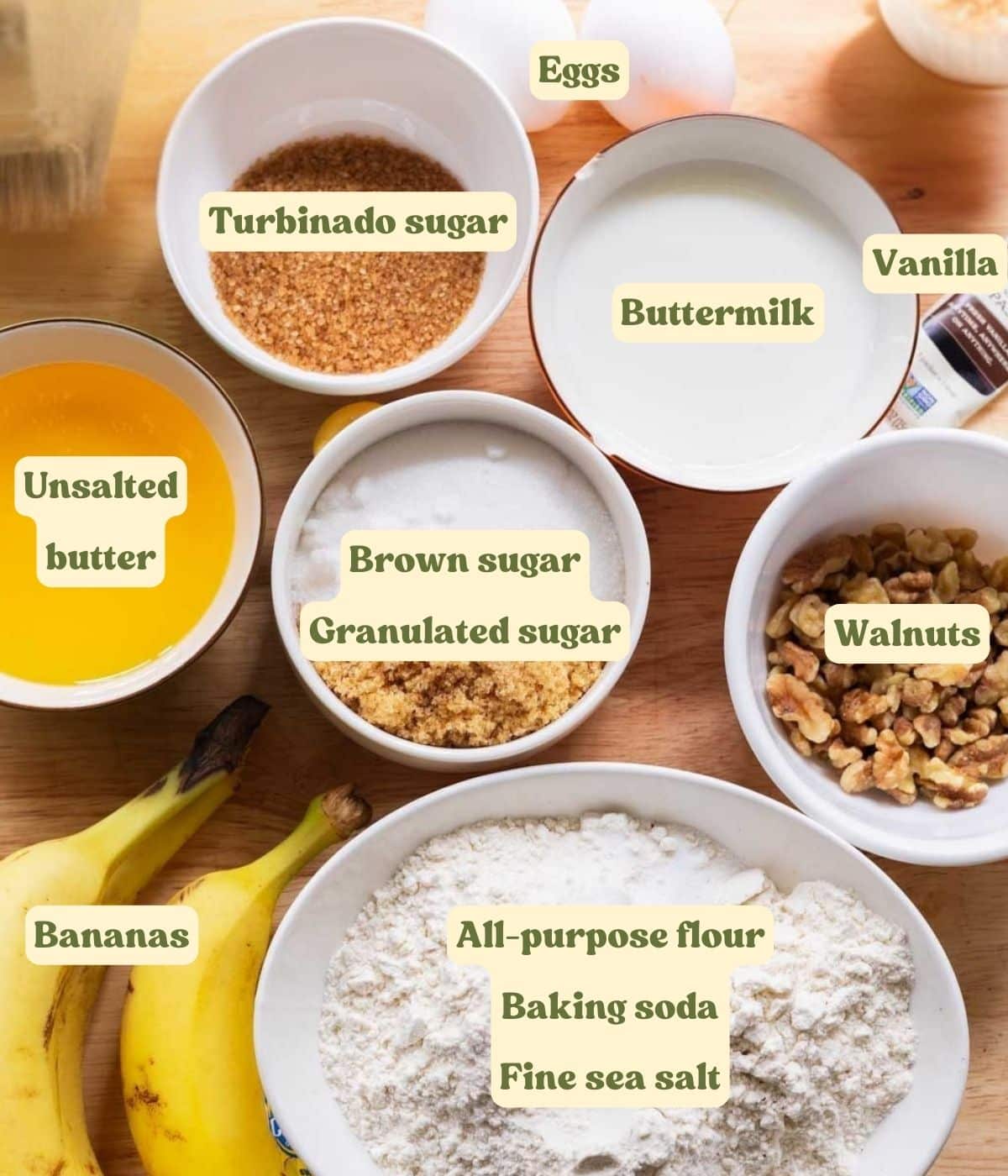 Labeled walnut banana bread ingredients laid out on a table.